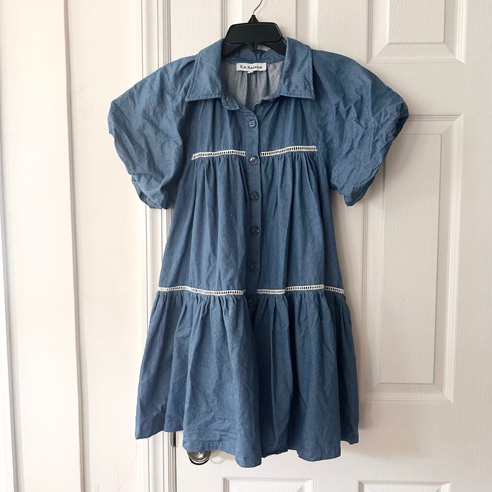 En Saison Tara Blue Denim Chambray Lace Trim Puff Sleeve Button Swing Dress XS